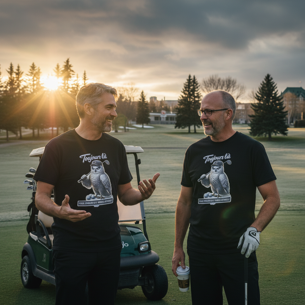 T-shirt Toujours là pour Parler des Vraies Affaires OseTee — lifestyle terrain de golf québécois