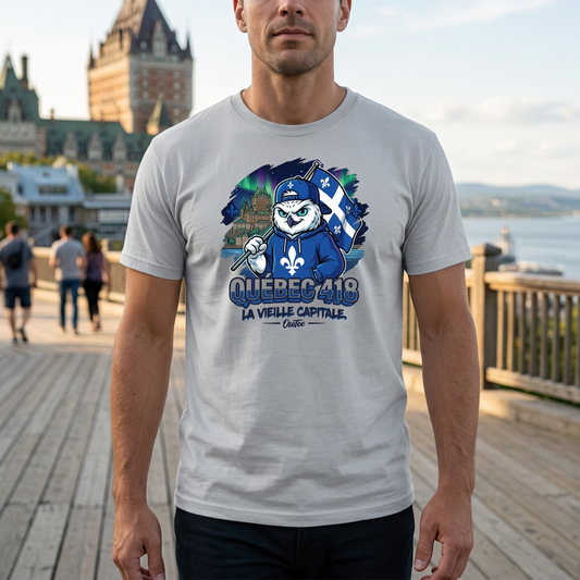 T-shirt gris Québec 418 OseTee porté sur la terrasse Dufferin, cadrage rapproché sur le motif.