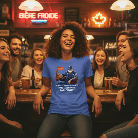 Québécois de naissance. Mais légendaire par choix. — T-shirt OseTee, jeune femme bouclée bar québécois, Heather True Royal