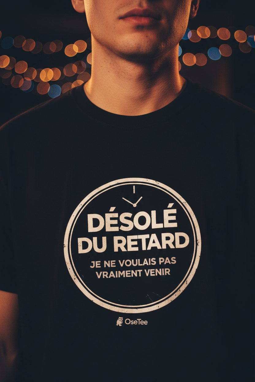 Zoom sur le badge circulaire OseTee Désolé du retard je ne voulais pas vraiment venir, texte blanc sur noir
