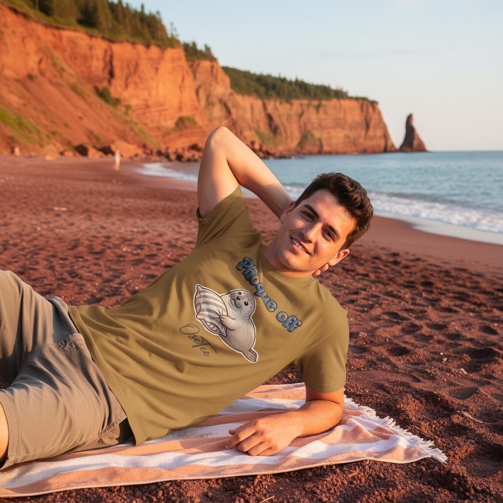 Jeune homme décontracté sur la plage de sable rouge des Îles-de-la-Madeleine portant le t-shirt Phoque off OseTee