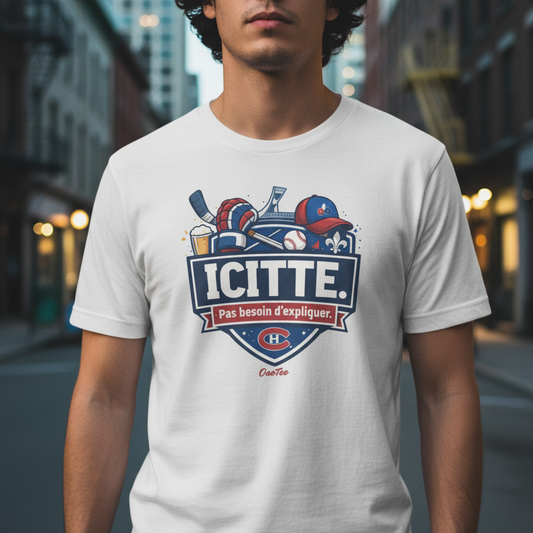 Icitte. Pas besoin d'expliguer. — T-shirt OseTee, gros plan blason sur blanc