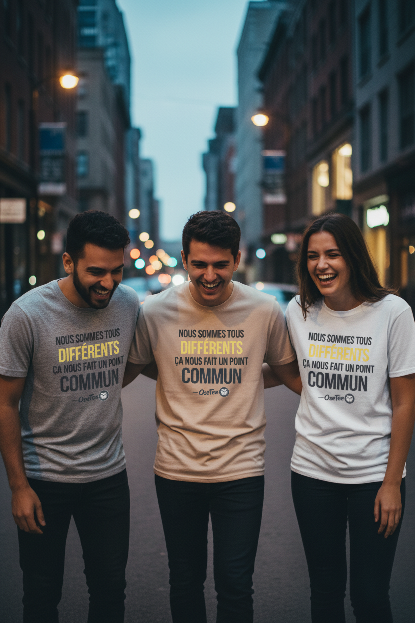 Trio d'amis portant le t-shirt OseTee Nous sommes tous différents en gris, beige et blanc, rue Montréal