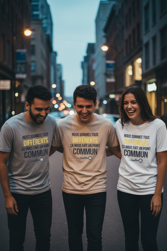 Trio d'amis portant le t-shirt OseTee Nous sommes tous différents en gris, beige et blanc, rue Montréal
