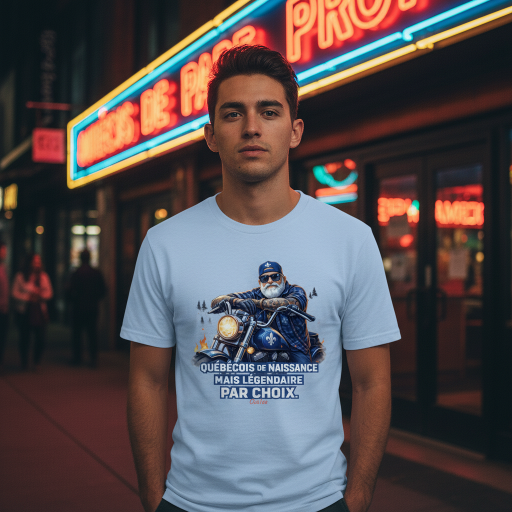 Québécois de naissance. Mais légendaire par choix. (Moto) — T-shirt OseTee, jeune homme devant bar Montréal, Baby Blue, streetwear