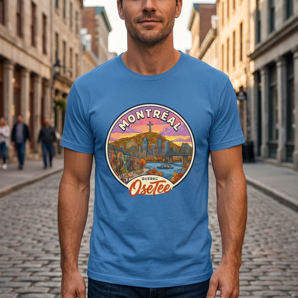 T-shirt bleu Montréal OseTee porté en balade dans le Vieux-Montréal, cadrage rapproché sur le motif.