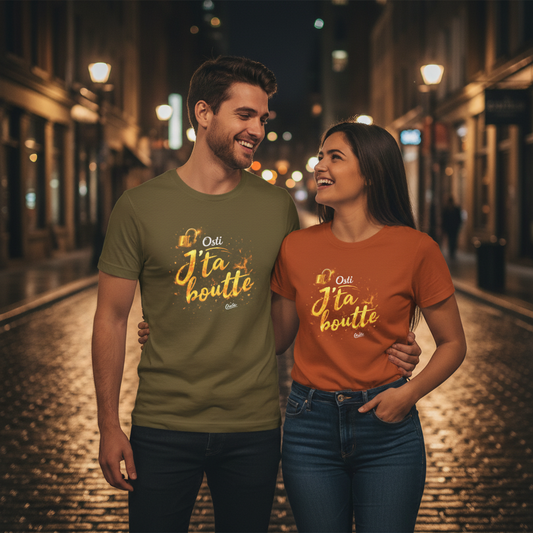 Osti j'ta boutte! — T-shirt OseTee, couple olive et burnt orange, rue Montréal de nuit