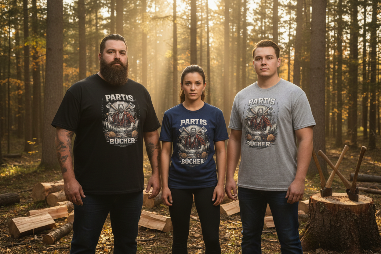 T-shirt Partis Bûcher OseTee — lifestyle 3 couleurs forêt boréale québécoise