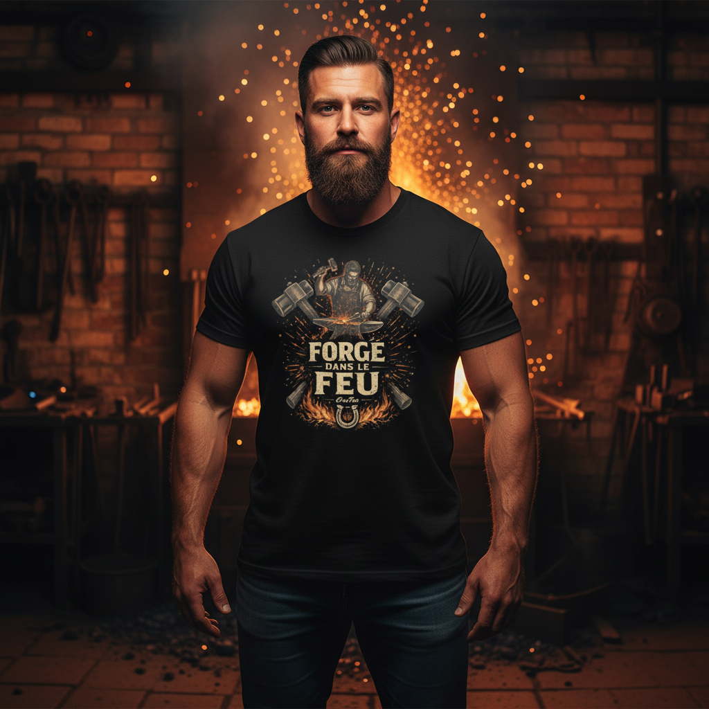 T-shirt Forge dans le Feu OseTee — ambiance lifestyle forge artisan québécois