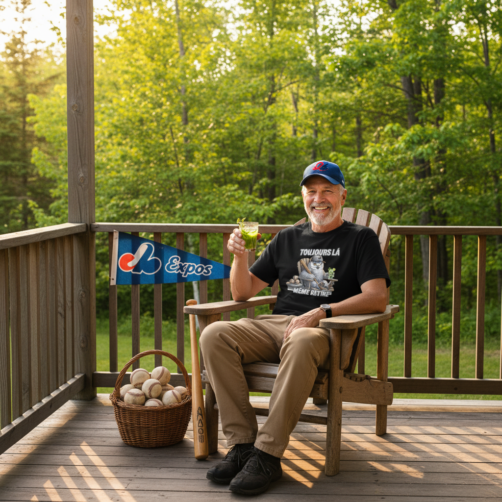 Homme de 60 ans souriant en chaise Adirondack avec cocktail, vibe retraité québécois