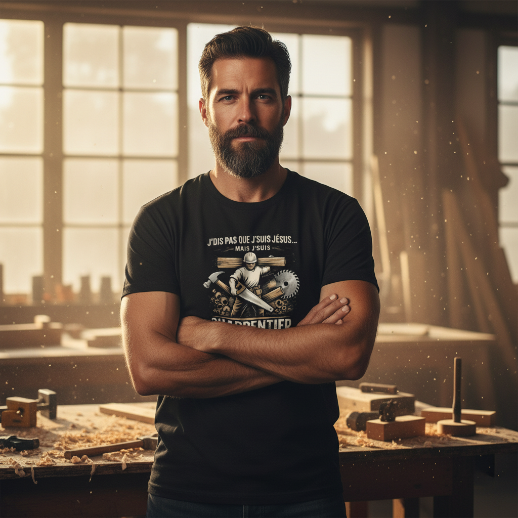 T-shirt OseTee — J'dis pas que j'suis Jésus mais j'suis Charpentier — lifestyle atelier québécois