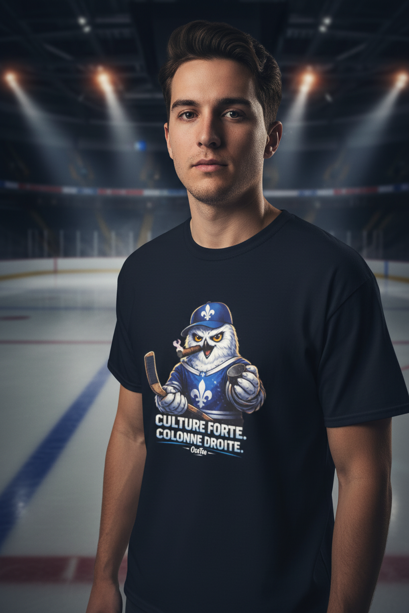 Zoom sur le design OseTee Culture forte Colonne droite, harfang en uniforme de hockey bleu avec fleur de lys, arèna québécois