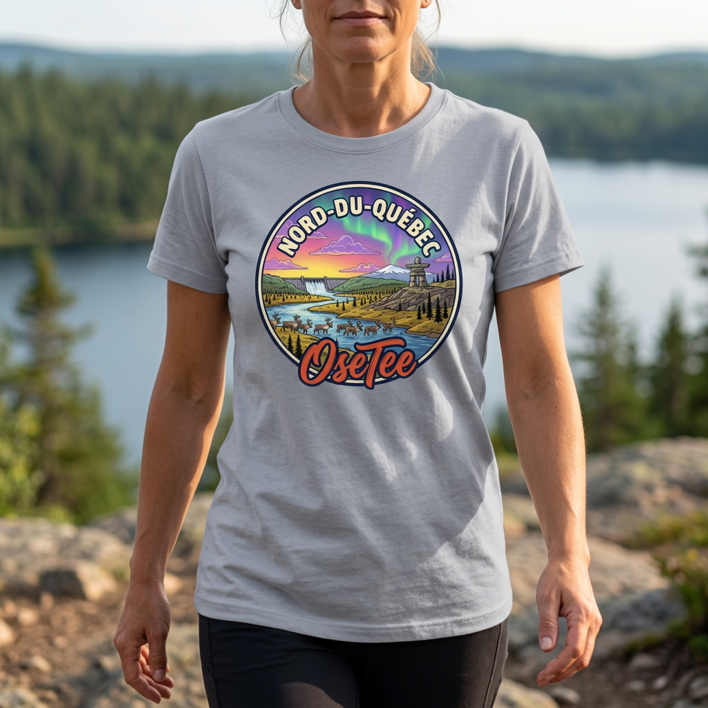T-shirt gris Nord-du-Québec OseTee porté en balade près d’un lac à Chibougamau, cadrage rapproché sur le motif.