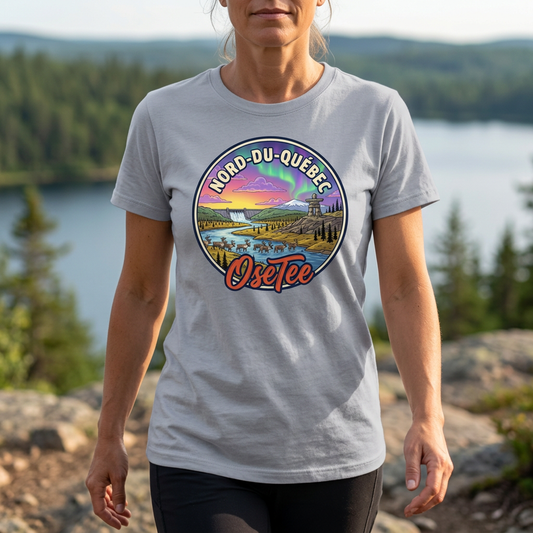 T-shirt gris Nord-du-Québec OseTee porté en balade près d’un lac à Chibougamau, cadrage rapproché sur le motif.