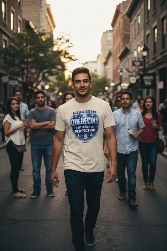 Homme portant le t-shirt OseTee Passer à côté d'un Québécois c'est frôler la perfection, rue Montréal golden hour