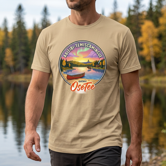 T-shirt beige Abitibi-Témiscamingue OseTee porté en balade au bord d’un lac, cadrage rapproché sur le motif.