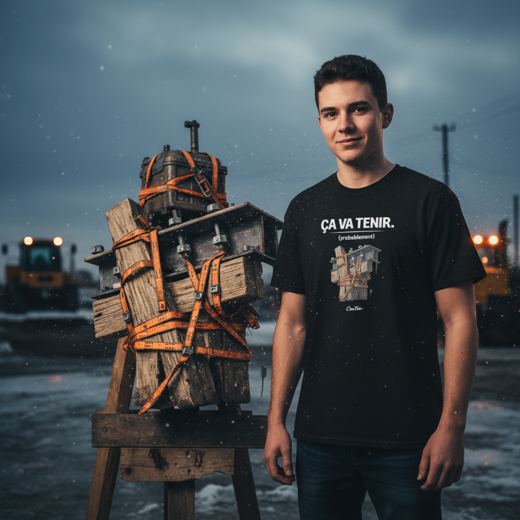 T-shirt Ça va tenir (probablement) OseTee — ambiance lifestyle chantier québécois
