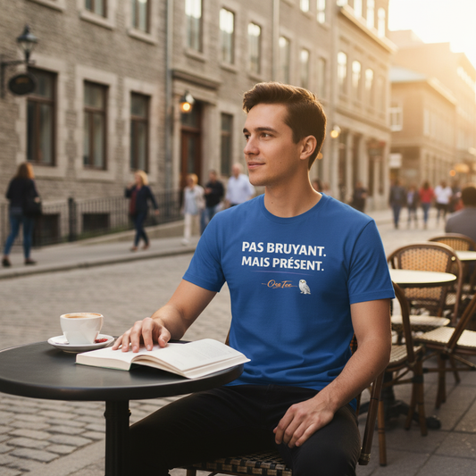 Pas bruyant. Mais présent. — T-shirt OseTee, homme calme café Vieux-Montréal, True Royal, lumière dorée