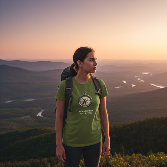 Rien à prouver. Tout à vivre. — T-shirt OseTee, jeune femme sommet montagne Québec, Olive, lumière dorée
