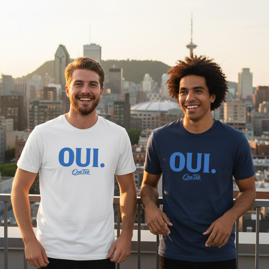 OUI. — T-shirt OseTee, deux amis rooftop Montréal blanc + navy, vibe joyeuse et solaire