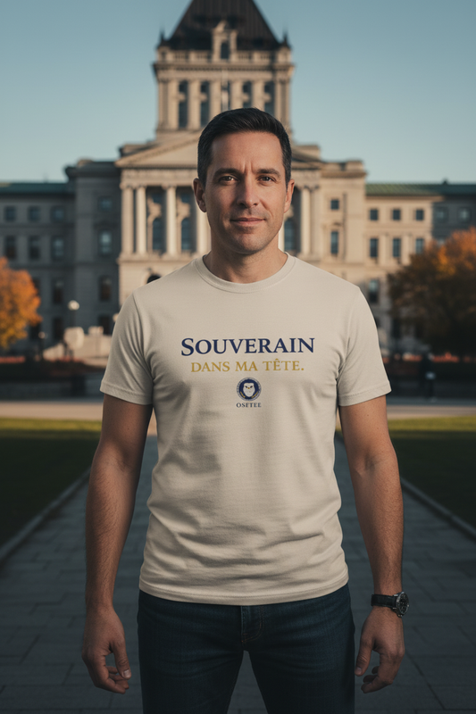 Homme portant le t-shirt OseTee Souverain dans ma tête devant l'Assemblée nationale du Québec, automne