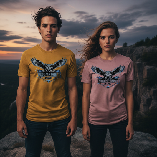 Indomptable — T-shirt OseTee, homme mustard + femme pink sur falaise dramatique au crépuscule, énergie sauvage québécoise