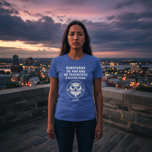 Survivant de 400 ans de tentatives d’extinction. — T-shirt OseTee, jeune femme fière remparts Québec, Heather True Royal