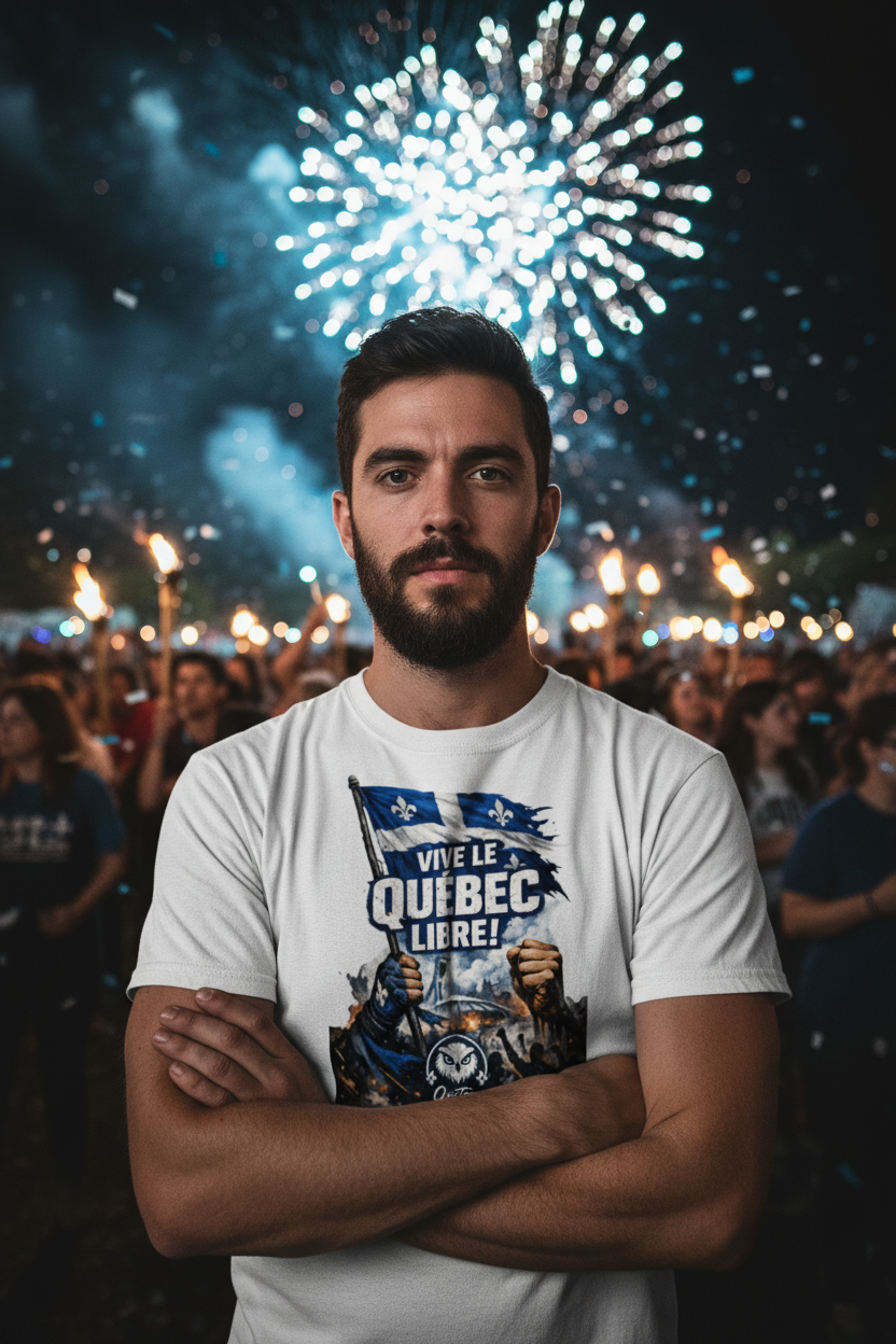 Homme portant le t-shirt OseTee Vive le Québec Libre, fête Saint-Jean-Baptiste, feux d'artifice, énergie révolutionnaire