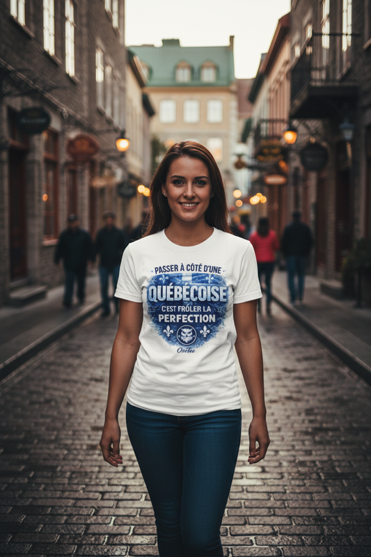 Femme portant le t-shirt OseTee Passer à côté d'une Québécoise c'est frôler la perfection, Vieux-Québec golden hour