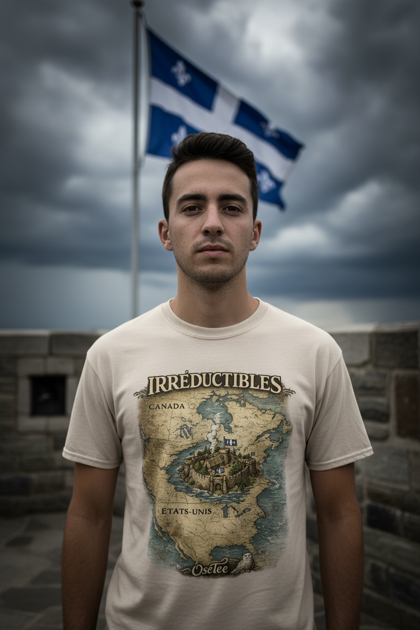 Zoom sur le design Irréductibles OseTee, carte médiévale d'Amérique avec forteresse québécoise, drapeau fleur de lys en arrière-plan