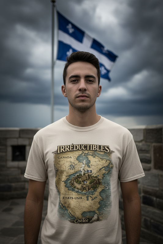 Zoom sur le design Irréductibles OseTee, carte médiévale d'Amérique avec forteresse québécoise, drapeau fleur de lys en arrière-plan