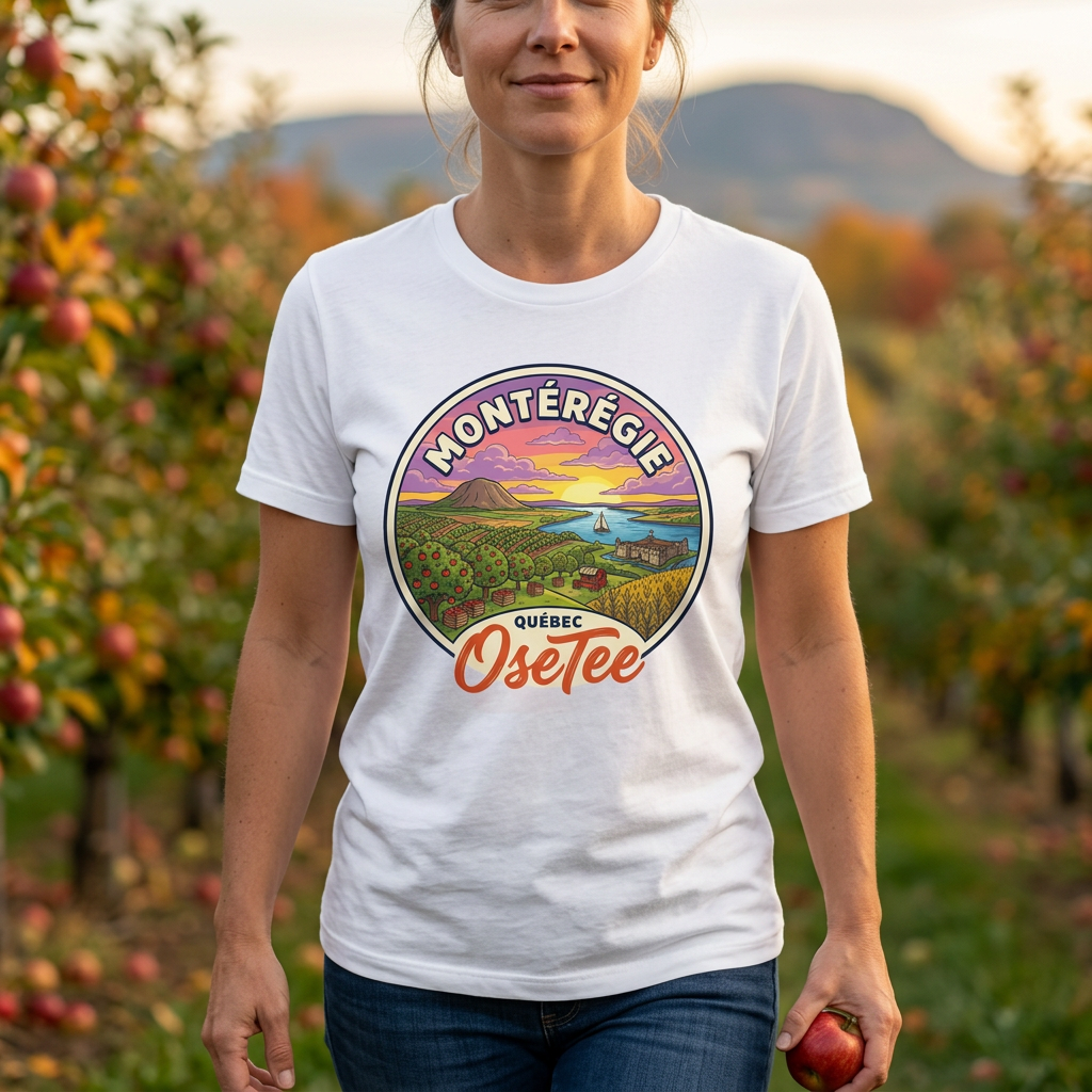 T-shirt blanc Montérégie OseTee porté en balade dans un verger, cadrage rapproché sur le motif.