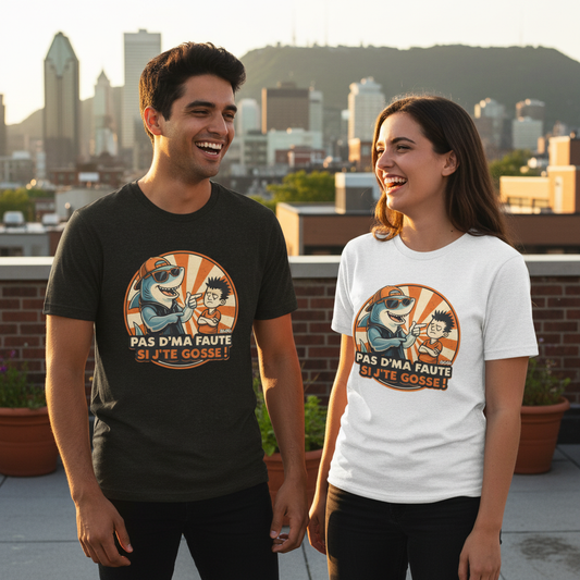 Pas d'ma faute si j'te gosse! Requin — T-shirt OseTee, lifestyle cinématique rooftop Montréal
