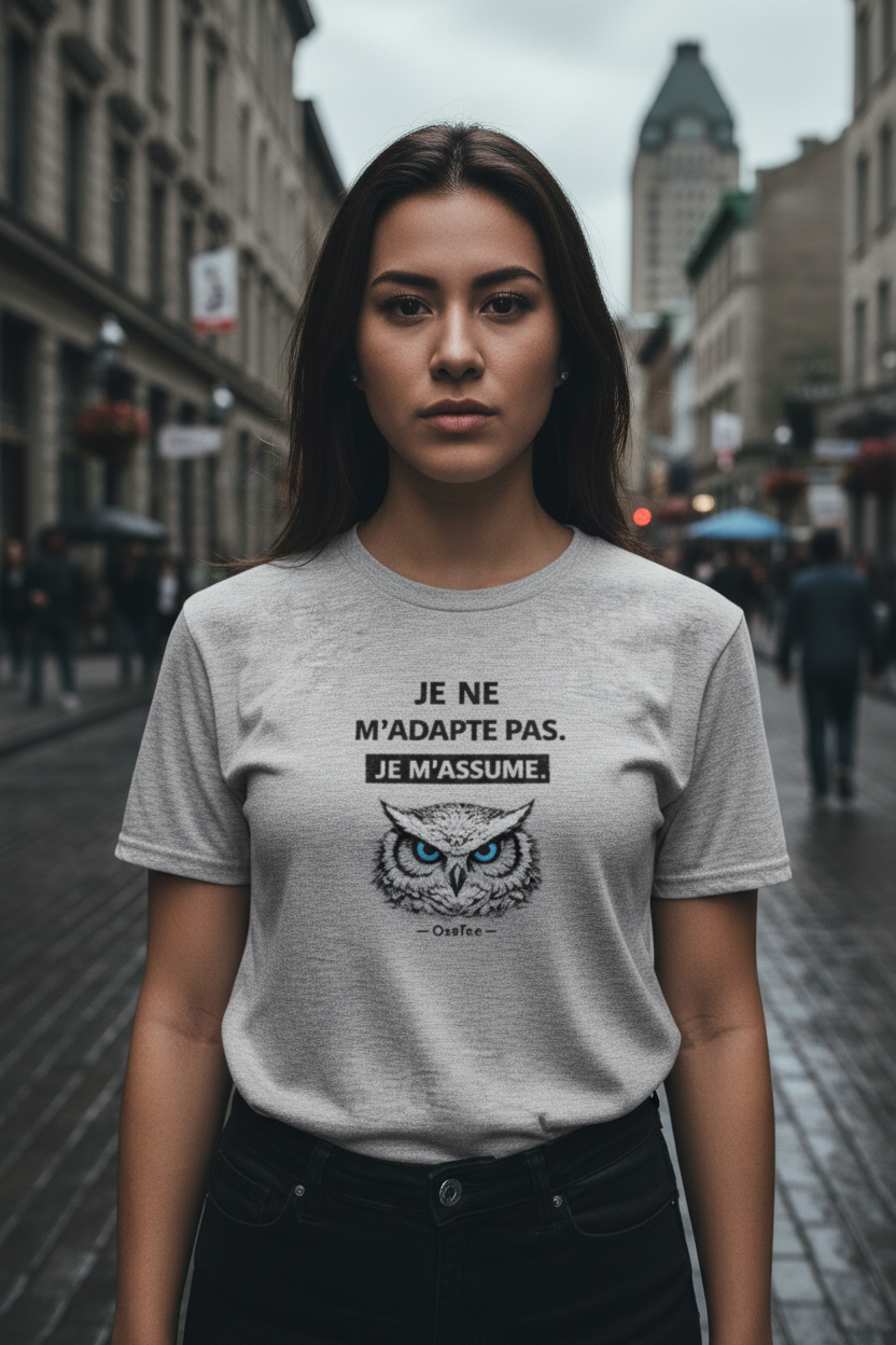 Zoom sur le design OseTee Je ne m'adapte pas Je m'assume, harfang aux yeux bleus, rue urbaine Montréal