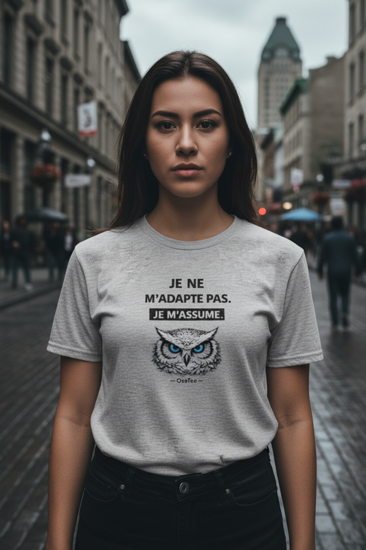 Zoom sur le design OseTee Je ne m'adapte pas Je m'assume, harfang aux yeux bleus, rue urbaine Montréal