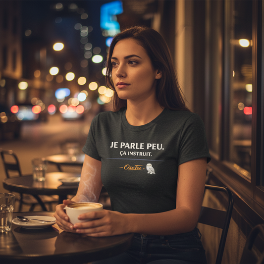 Je parle peu. Ça instruit. — T-shirt OseTee, femme forest green terrasse café Montréal de nuit, vibe sage et posée