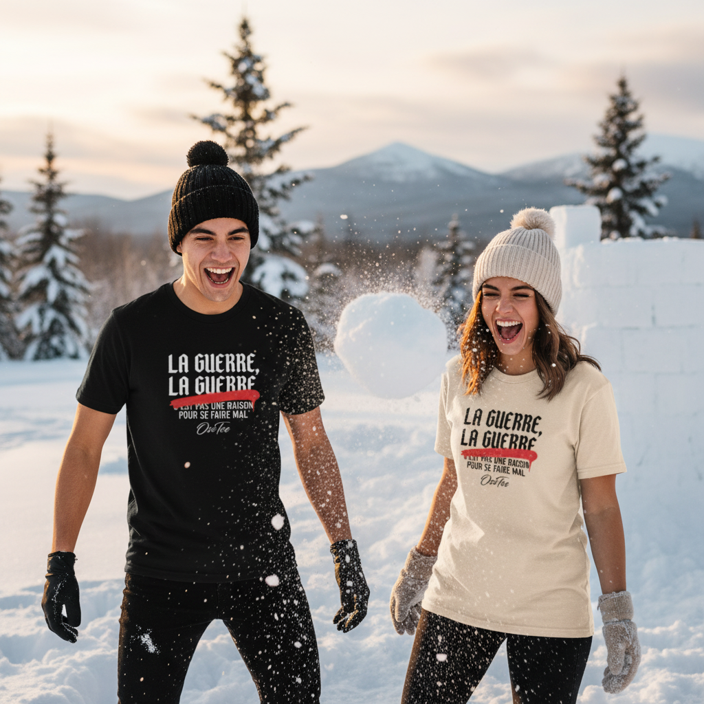 Jeune homme en t-shirt noir et jeune femme en t-shirt naturel avec tuques à pompon, bataille de boules de neige devant un fort de neige québécois