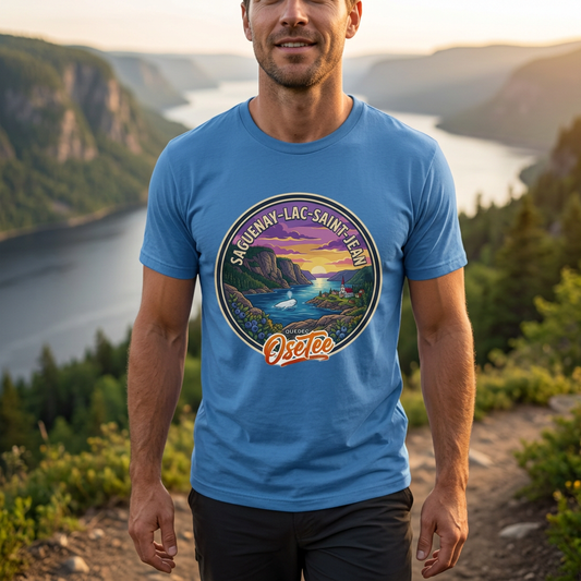 T-shirt bleu Saguenay–Lac-Saint-Jean OseTee porté en randonnée au-dessus du fjord, cadrage rapproché sur le motif.