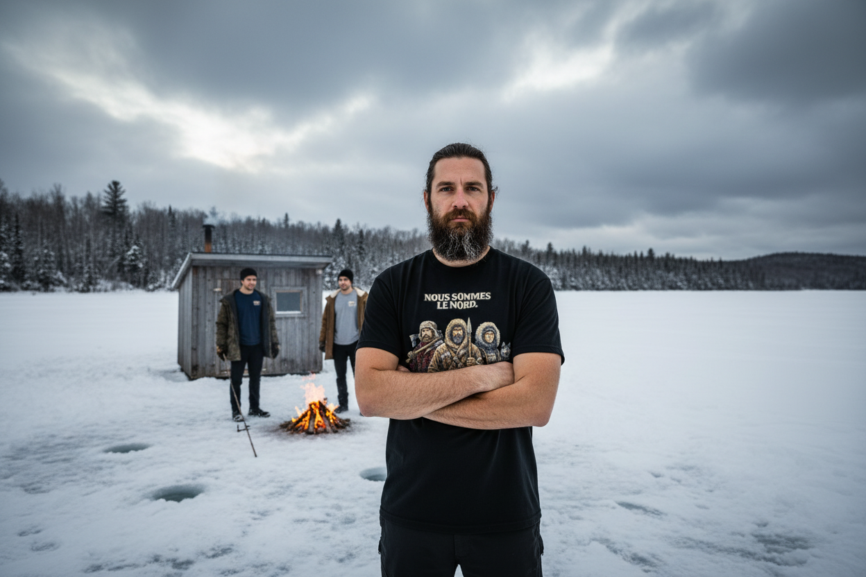 T-shirt Nous Sommes le Nord OseTee — pêche sur glace, feu de camp, cabane, forêt boréale québécoise
