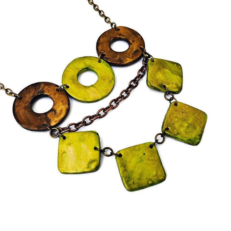 Layered Statement Necklace, Chartreuse Green, Bronze & Gold
