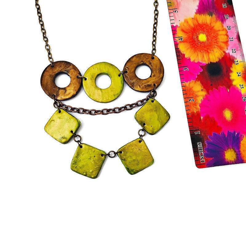Layered Statement Necklace, Chartreuse Green, Bronze & Gold