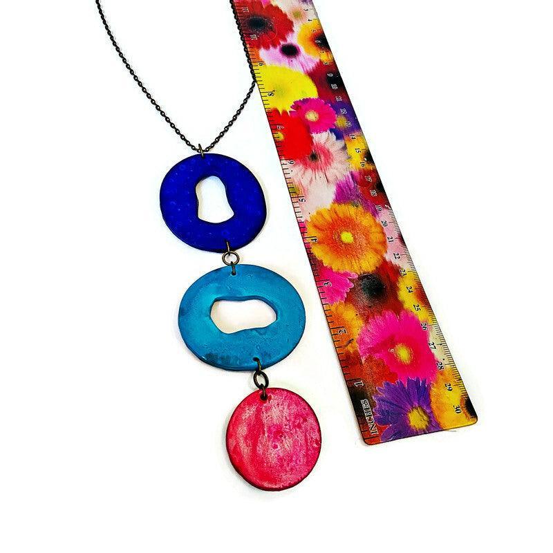 Long Colorful Statement Pendant Necklace, Handmade Polymer Clay