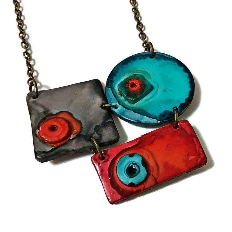 Modern Sculptural Statement Necklace, Grey, Teal & Orange, Handmade Polymer Clay
