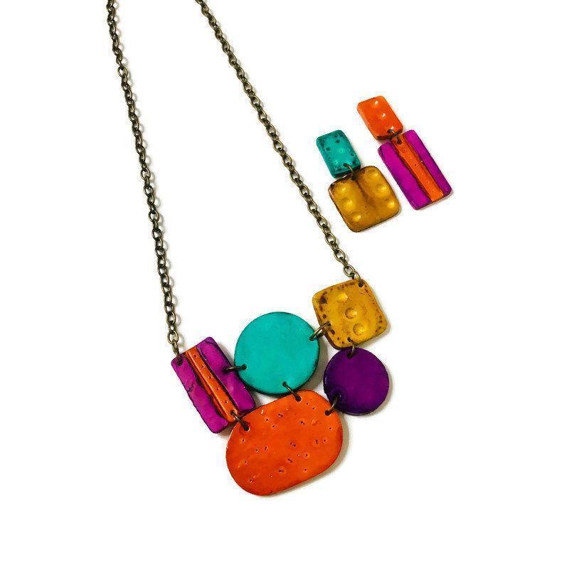 Multicolored Statement Pendant Necklace, Handmade Polymer Clay