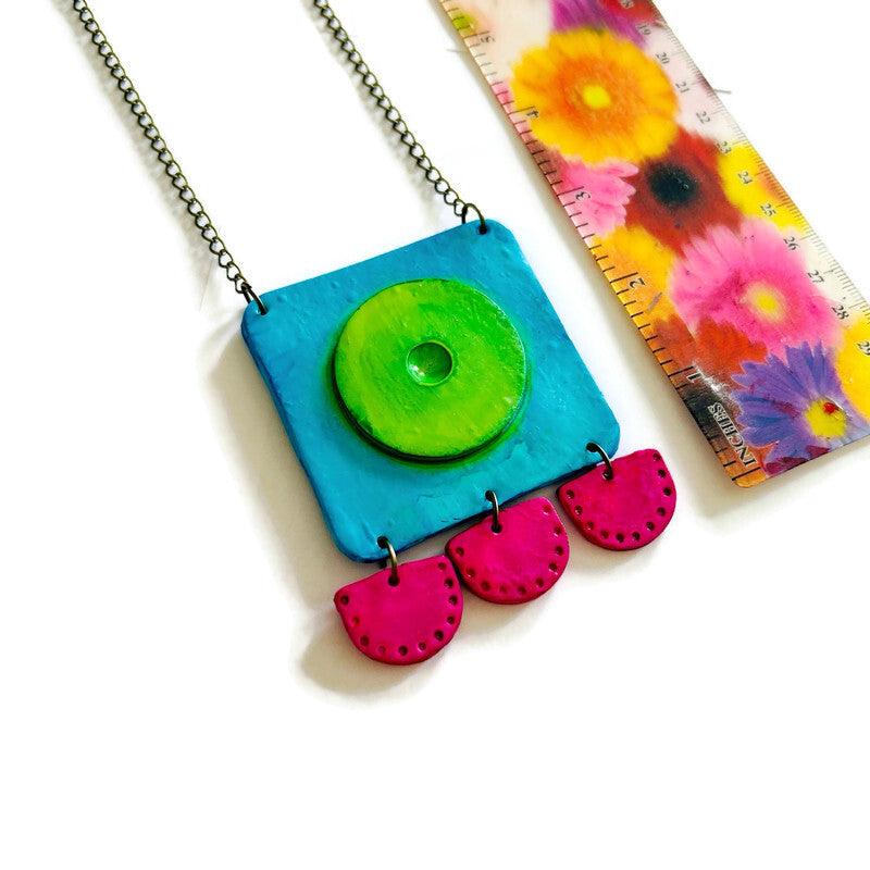 Neon Geometric Statement Earrings, Post or Clip On, Handmade Polymer Clay