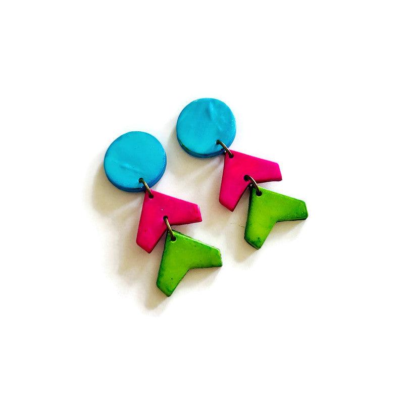 Neon Geometric Statement Earrings, Post or Clip On, Handmade Polymer Clay