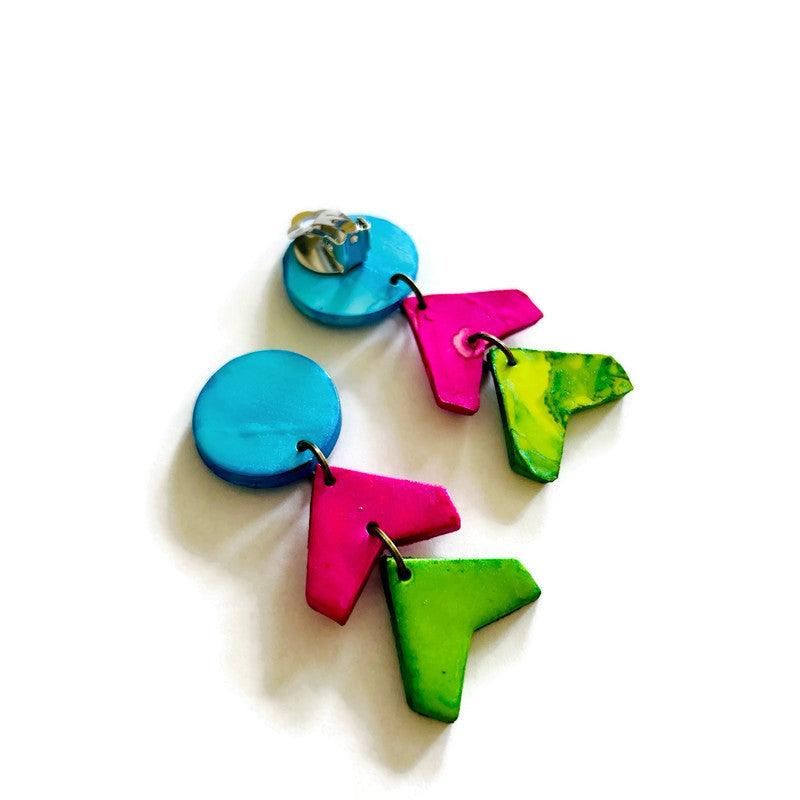 Neon Geometric Statement Earrings, Post or Clip On, Handmade Polymer Clay