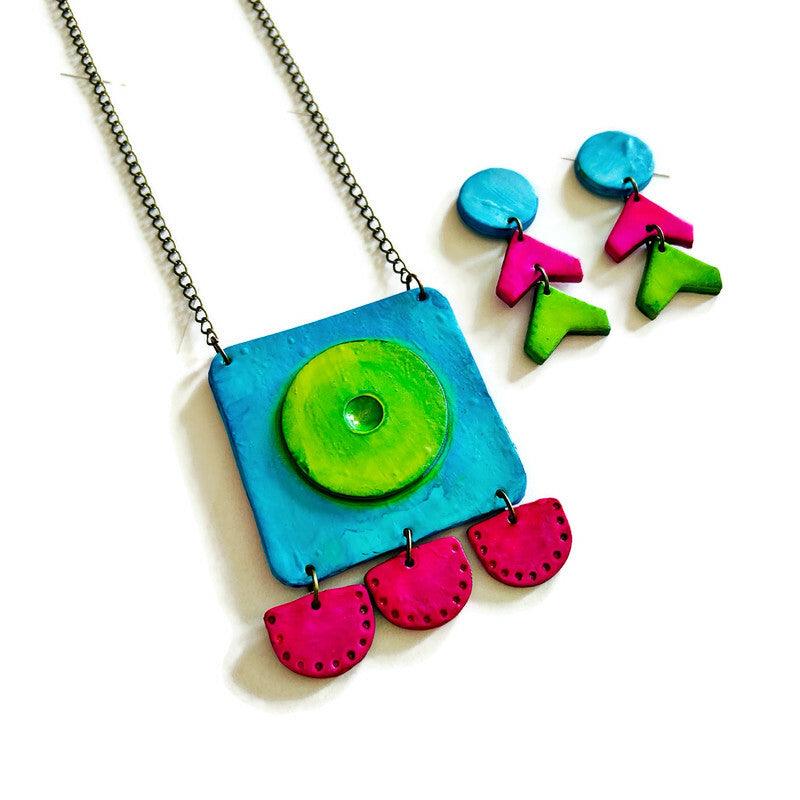 Neon Geometric Statement Earrings, Post or Clip On, Handmade Polymer Clay