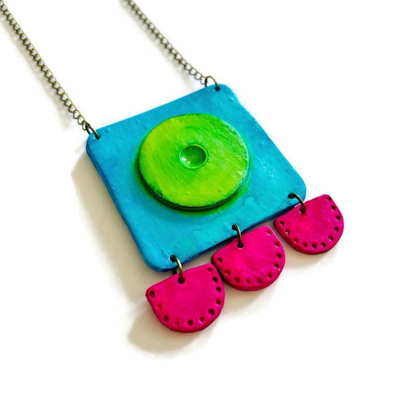 Neon Geometric Statement Earrings, Post or Clip On, Handmade Polymer Clay