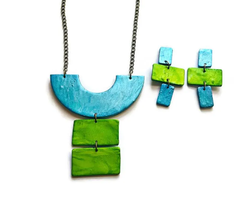 Neon Green & Blue Statement Jewelry Set, Post or Clip On – Handmade